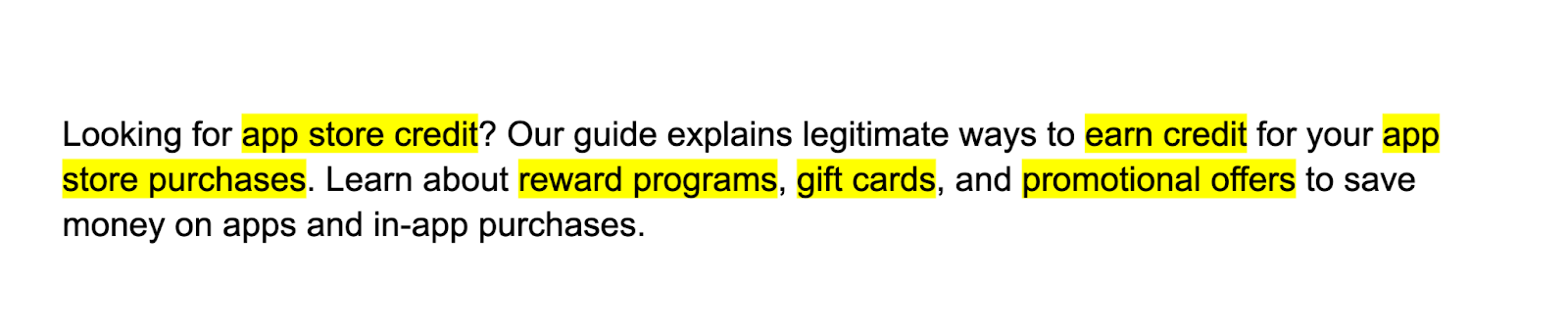 las palabras clave como crédito de la tienda de aplicaciones, ganar crédito, programas de recompensas, tarjetas regalo y ofertas promocionales aparecen resaltadas en un bloque de texto
